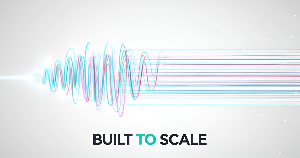 Flat illustration of a single voice waveform multiplying into many parallel streams in teal and magenta, symbolizing voice AI scaling to thousands of concurrent calls.